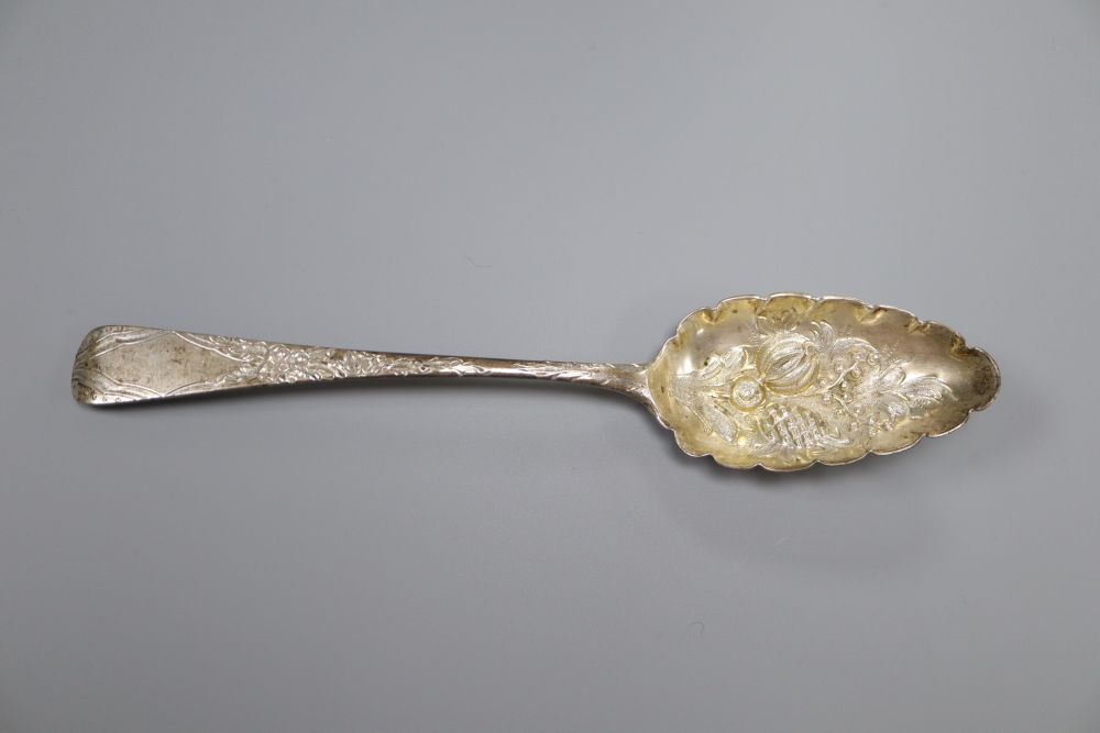 A pair of early George III silver Old English pattern berry spoon, Benjamin Cartwright II, London, 1764 & 4 others.